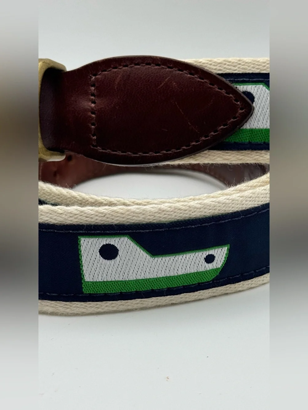 Vintage YRI Exeter NH Surcingle Belt Leather Brass Navy Green White Size 42